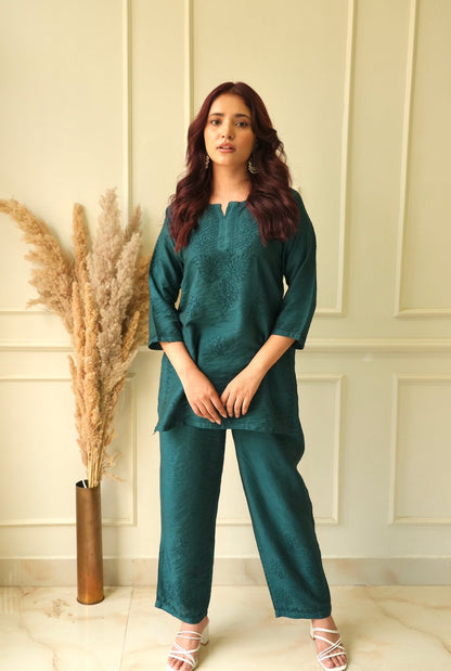 Meher Chikankari co-ord set in Teal blue