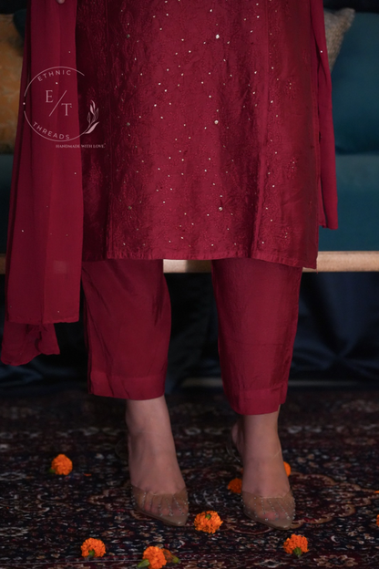 Shama chikankari and mukaish chanderi kurti in Maroon