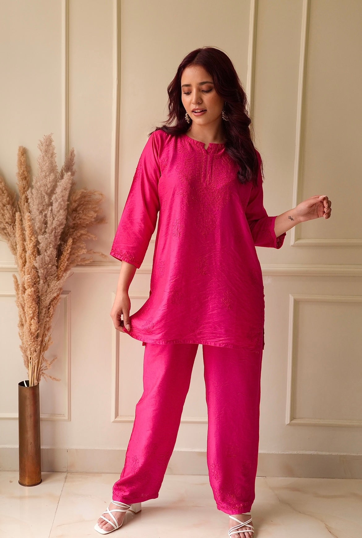 Meher Chikankari co-ord set in Hot pink