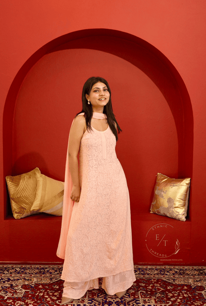 Riva Chikankari noodle strap long kurti in Peach