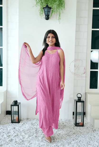 Riva Chikankari noodle strap long kurti in Rose pink