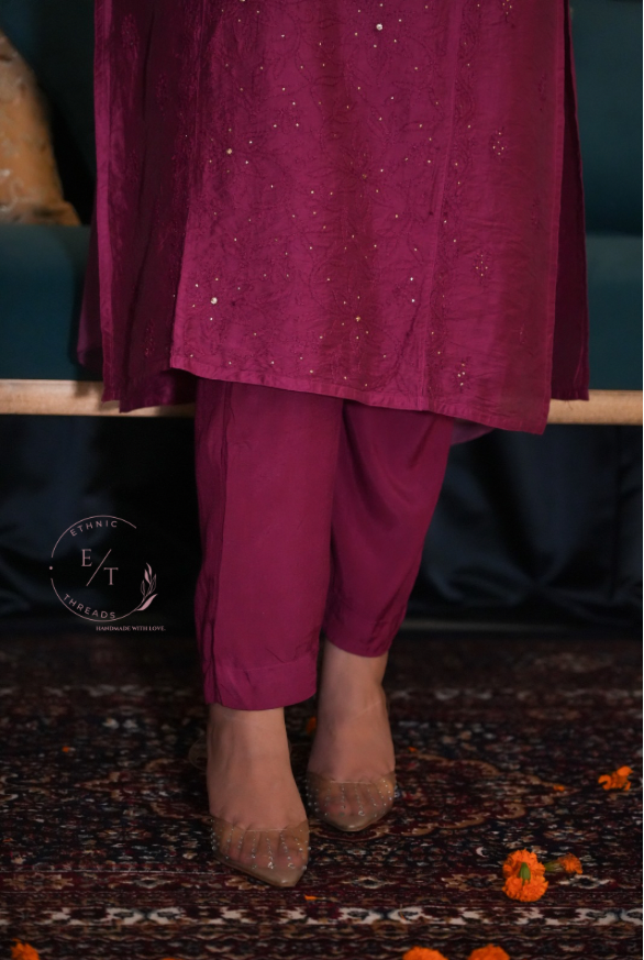 Shama chikankari and mukaish chanderi kurti in wine