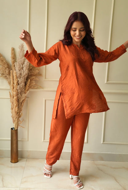 Meher Chikankari co-ord set in Rust