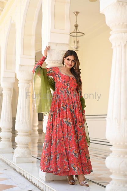 Red and Green Printed Anarkali