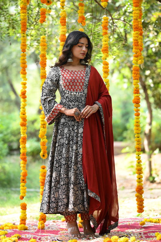 Black Bagru Print Handblock Anarkali