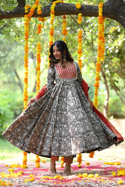 Black Bagru Print Handblock Anarkali