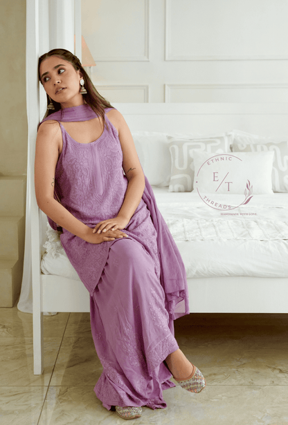 Anaya Chikankari noodle strap short kurti in grape purple