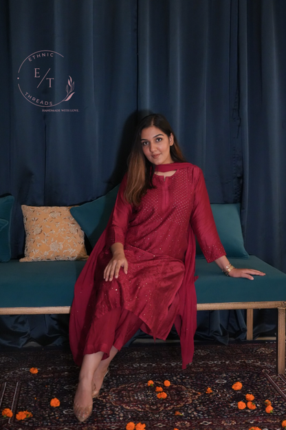 Shama chikankari and mukaish chanderi kurti in Maroon