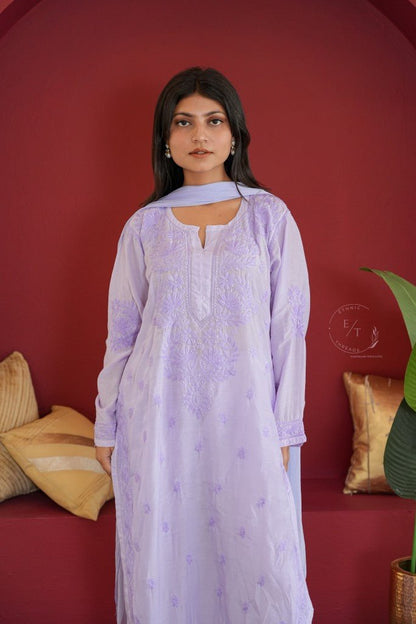 Hayat Chikankari muslin silk 3 pc set in Lavender