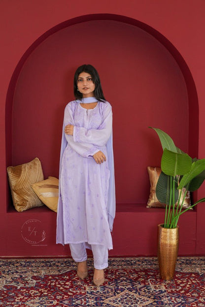 Hayat Chikankari muslin silk 3 pc set in Lavender