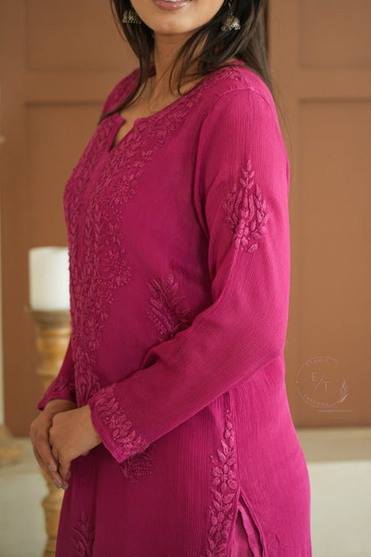 Gulmohar chinon chikankari 3 pc set in Magenta