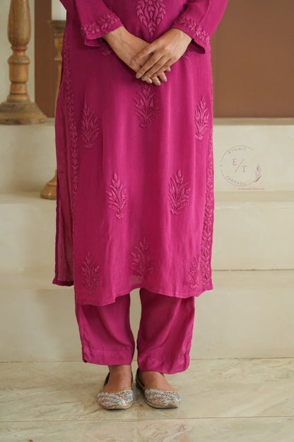 Gulmohar chinon chikankari 3 pc set in Magenta