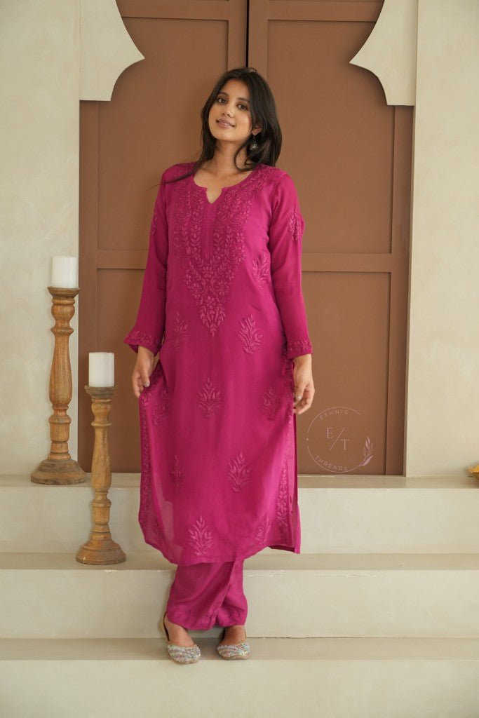 Gulmohar chinon chikankari 3 pc set in Magenta