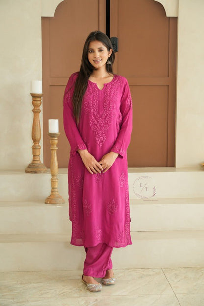 Gulmohar chinon chikankari 3 pc set in Magenta