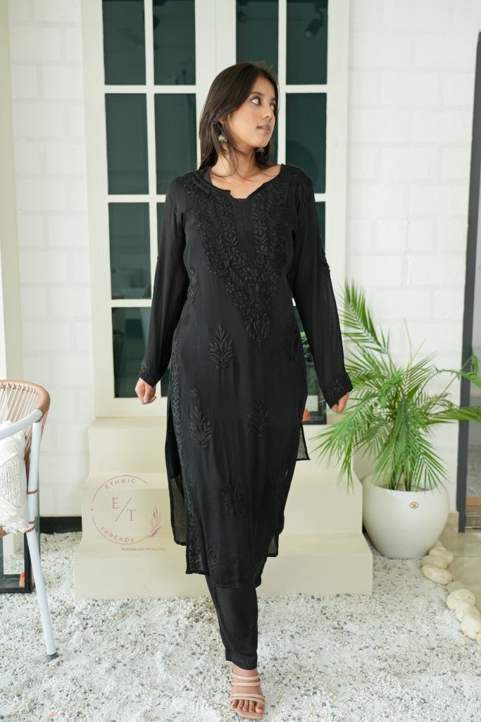 Gulmohar chinon chikankari 3 pc set in Black