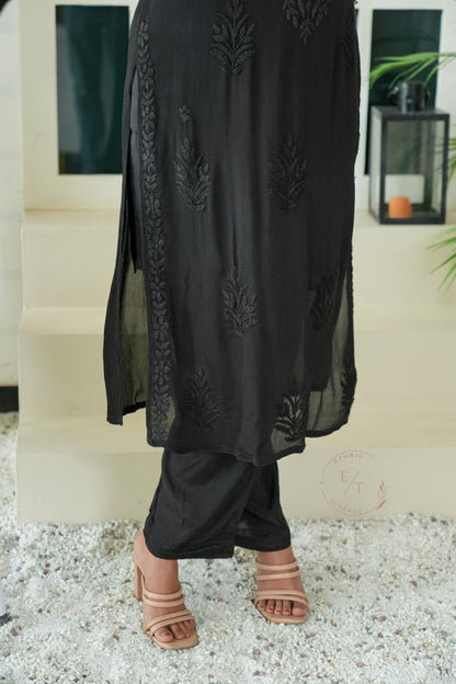 Gulmohar chinon chikankari 3 pc set in Black