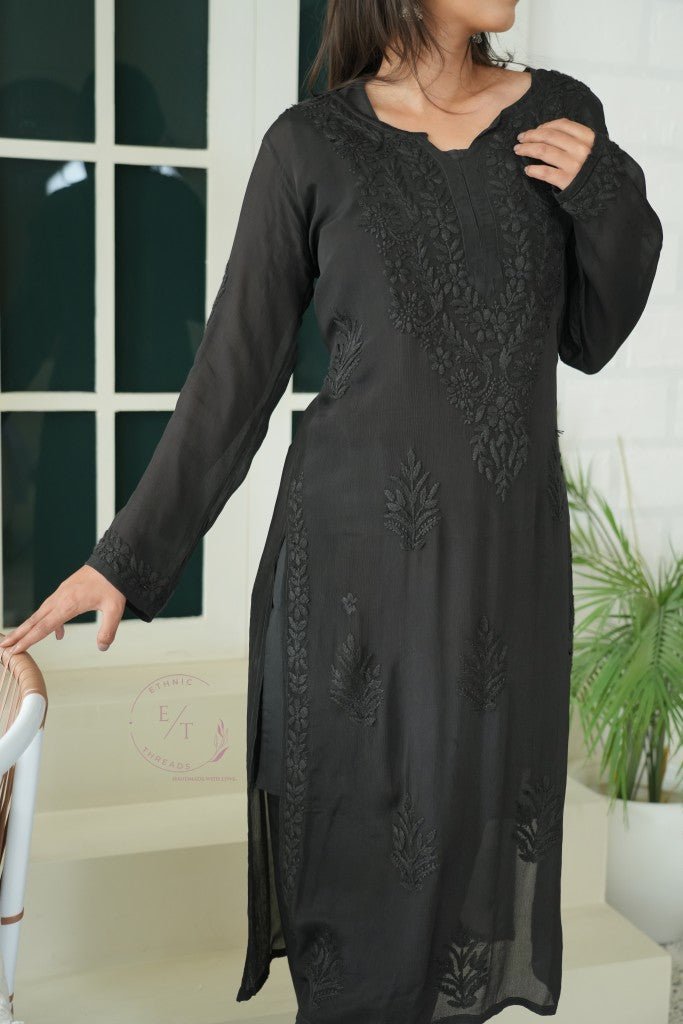 Gulmohar chinon chikankari 3 pc set in Black