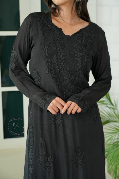 Gulmohar chinon chikankari 3 pc set in Black