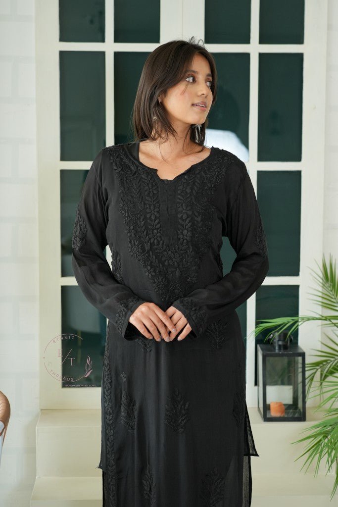 Gulmohar chinon chikankari 3 pc set in Black