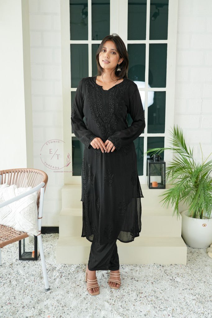 Gulmohar chinon chikankari 3 pc set in Black