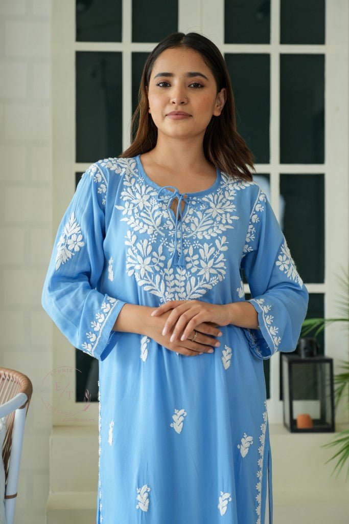 Gul dori chikankari modal kurti in powder Blue