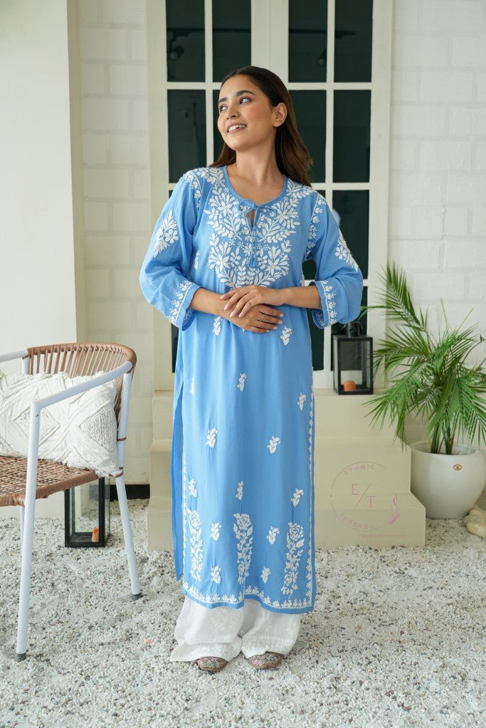 Gul dori chikankari modal kurti in powder Blue