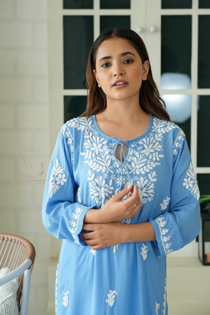 Gul dori chikankari modal kurti in powder Blue