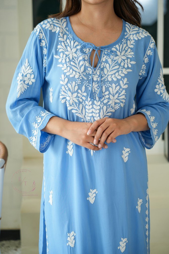 Gul dori chikankari modal kurti in powder Blue