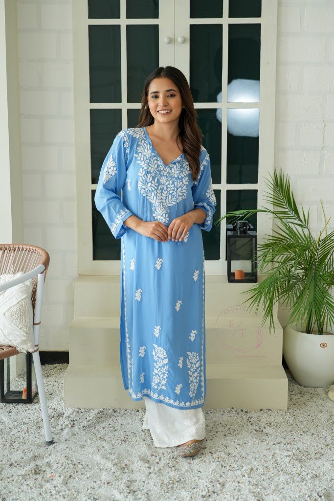 Gul dori chikankari modal kurti in powder Blue