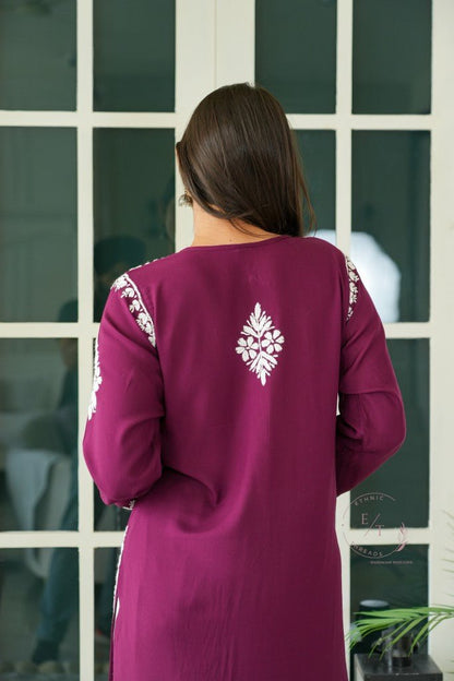 Gul dori chikankari modal kurti in Wine