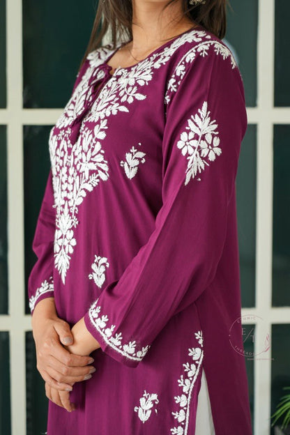 Gul dori chikankari modal kurti in Wine