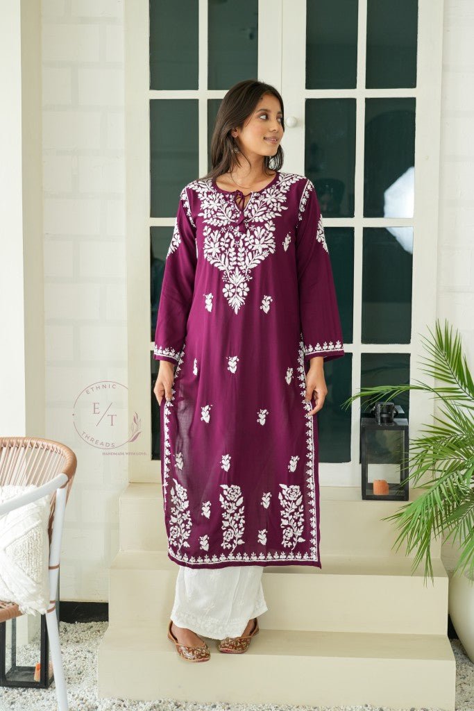 Gul dori chikankari modal kurti in Wine