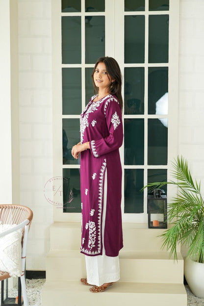 Gul dori chikankari modal kurti in Wine