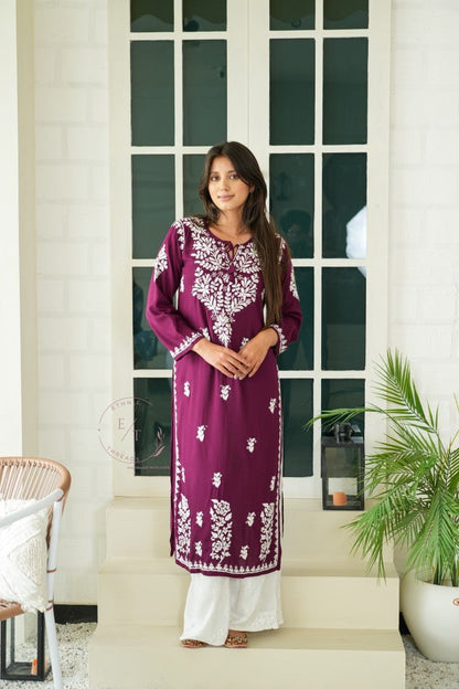 Gul dori chikankari modal kurti in Wine