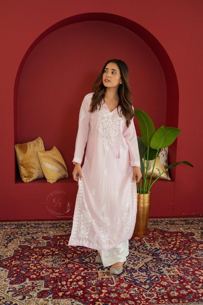 Gul dori chikankari modal kurti in Pink