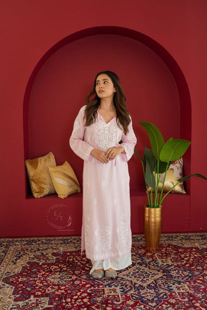 Gul dori chikankari modal kurti in Pink