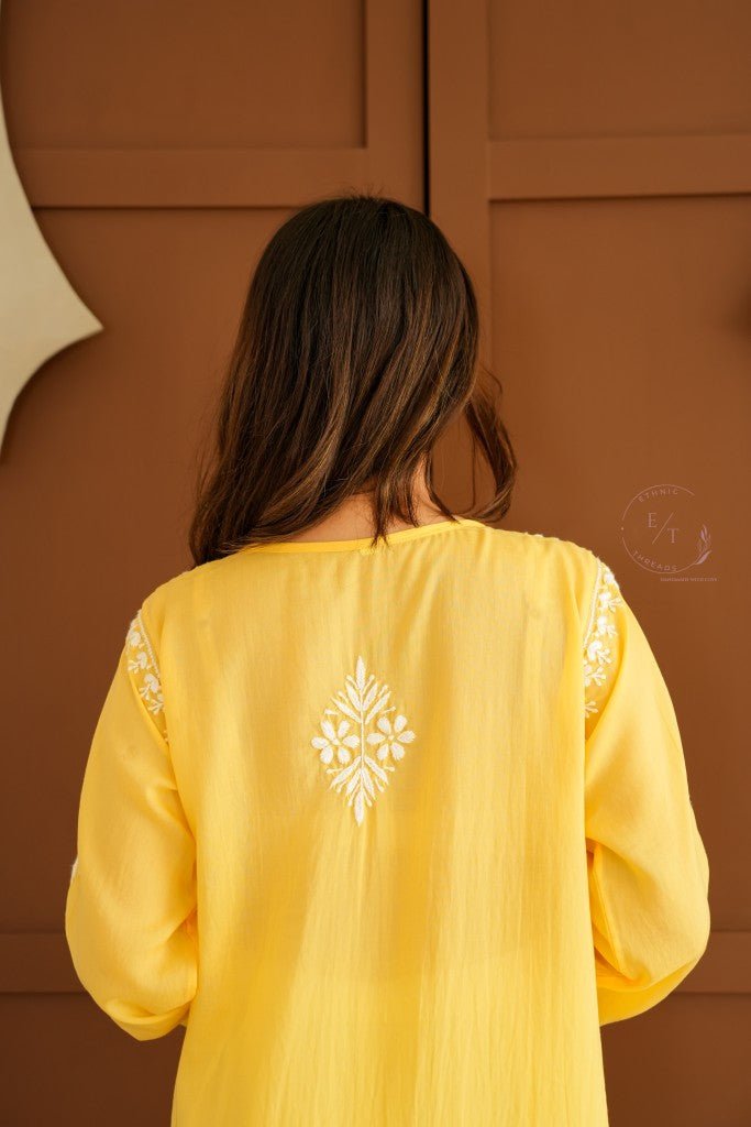 Gul dori chikankari modal kurti in Yellow