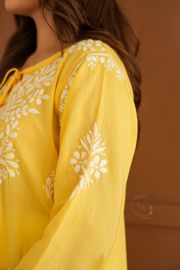 Gul dori chikankari modal kurti in Yellow