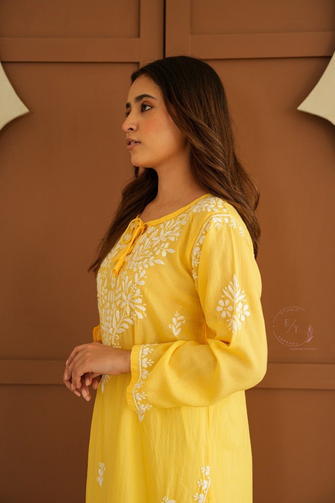 Gul dori chikankari modal kurti in Yellow