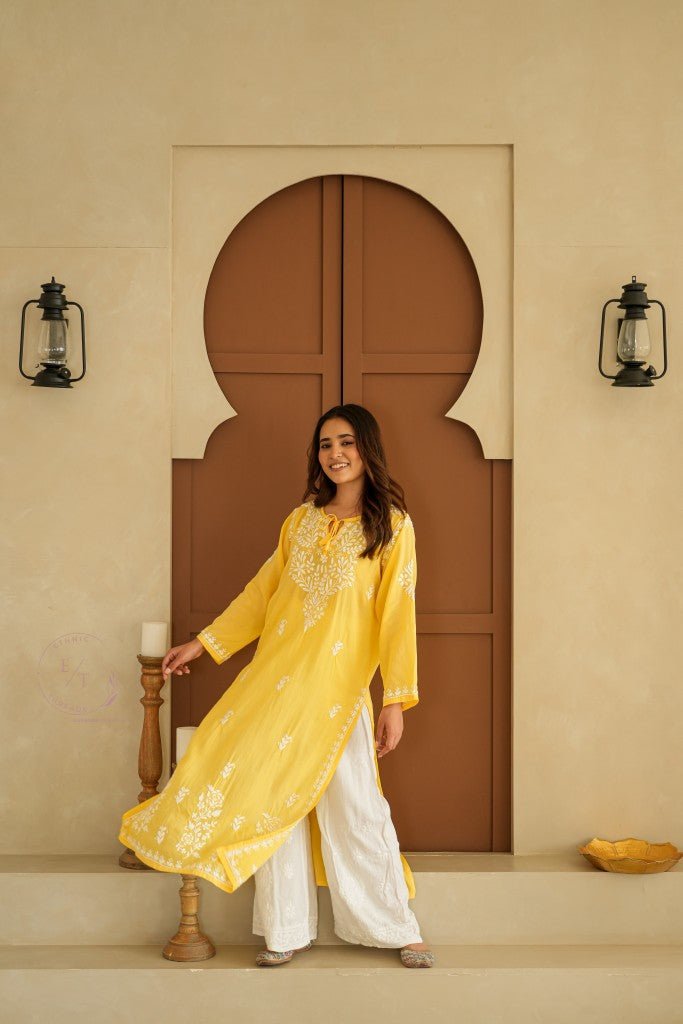 Gul dori chikankari modal kurti in Yellow