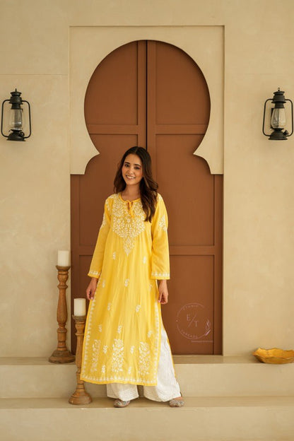 Gul dori chikankari modal kurti in Yellow