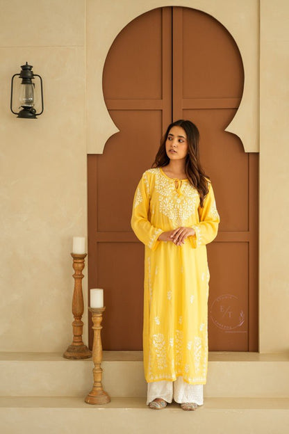 Gul dori chikankari modal kurti in Yellow