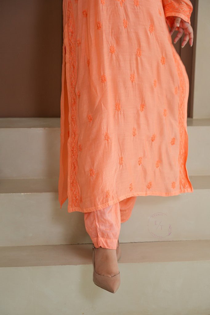 Hayat Chikankari muslin silk Kurti in Orange