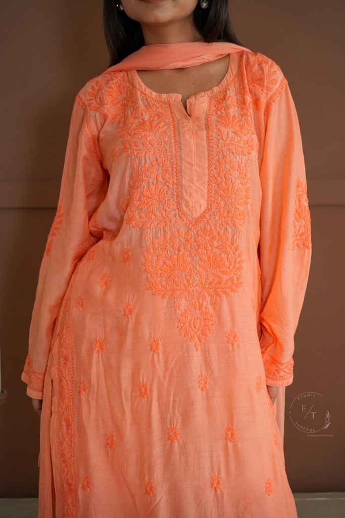 Hayat Chikankari muslin silk Kurti in Orange