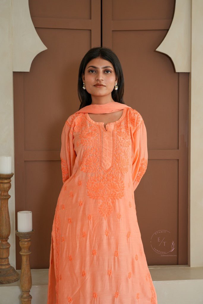 Hayat Chikankari muslin silk Kurti in Orange