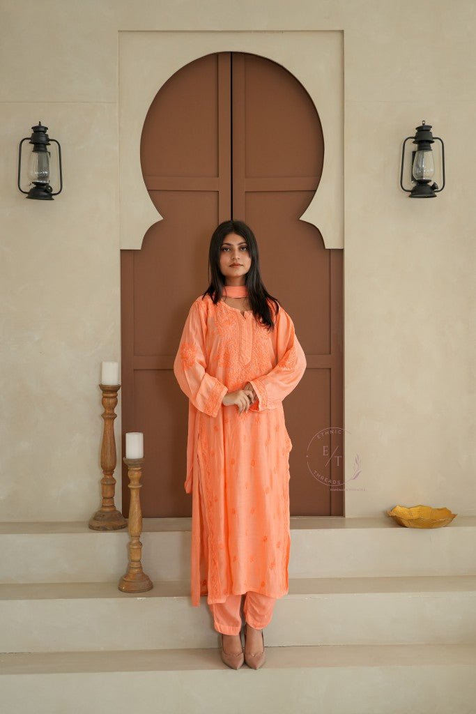 Hayat Chikankari muslin silk Kurti in Orange