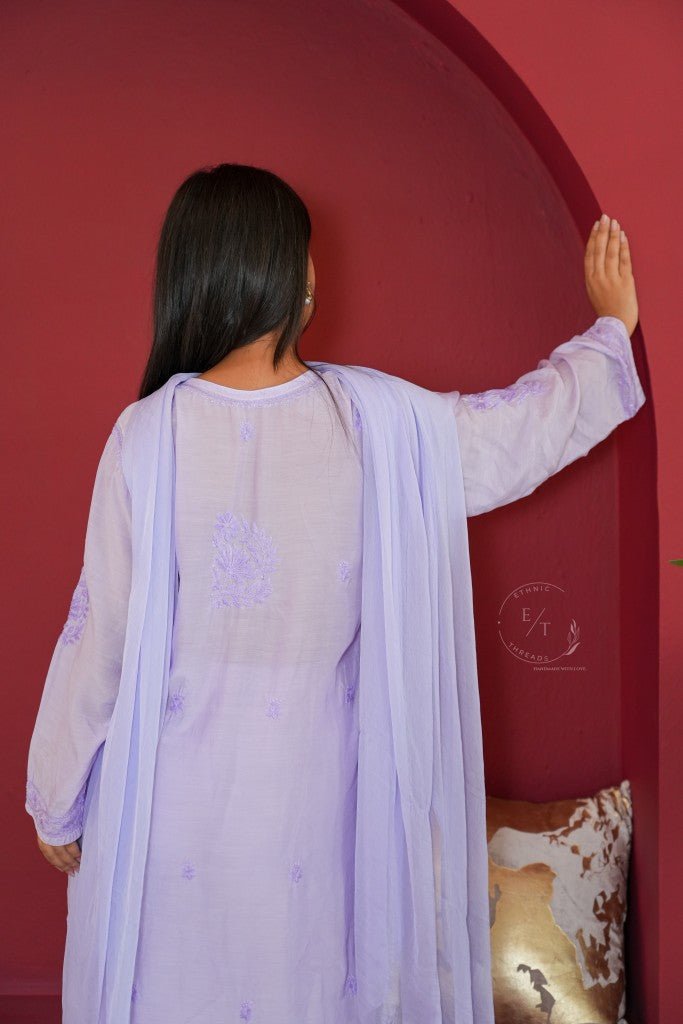 Hayat Chikankari muslin silk 3 pc set in Lavender