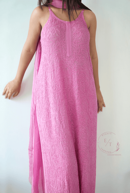 Riva Chikankari noodle strap long kurti in Rose pink