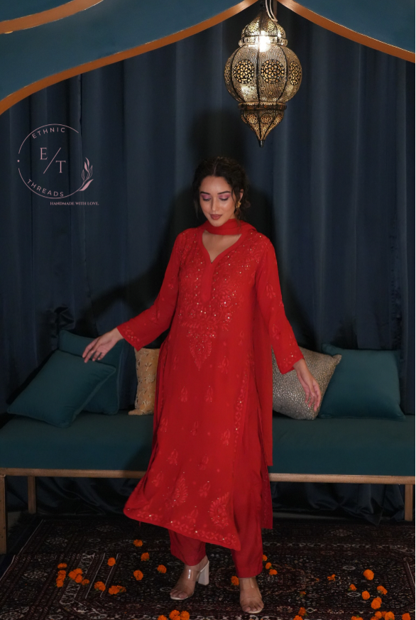 Gulnaaz Chikankari and mukaish 3 pc set in red