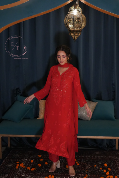 Gulnaaz Chikankari and mukaish 3 pc set in red